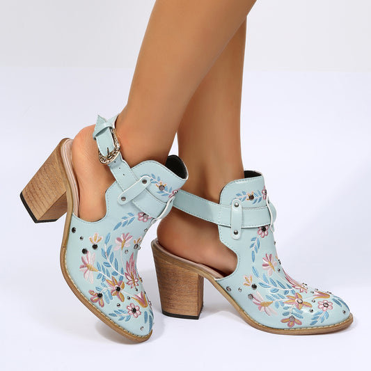 Round Toe Women's New Chunky Heel Embroidered Buckle Boots
