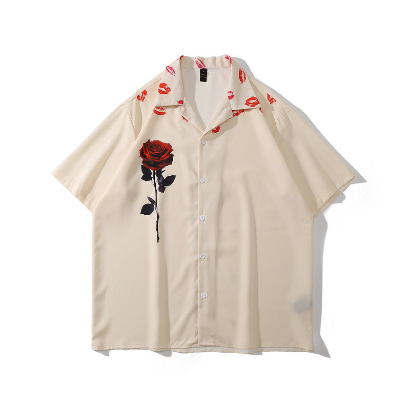 Retro Lip Print Rose Short-sleeved Shirt Men And Women Tide Brand Street Loose Oversize Flower Shirt