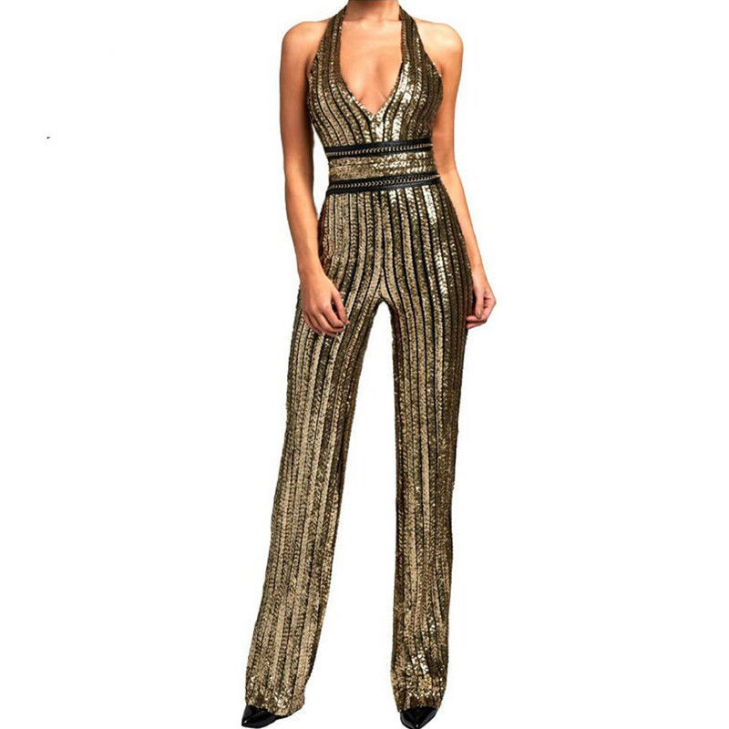 Fashion V-neck Sequins Jumpsuit Waist-slimming Belt Party Casual