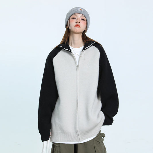 Japanese-style Retro Gray Black Stand Collar Zipper Contrast Color Coat