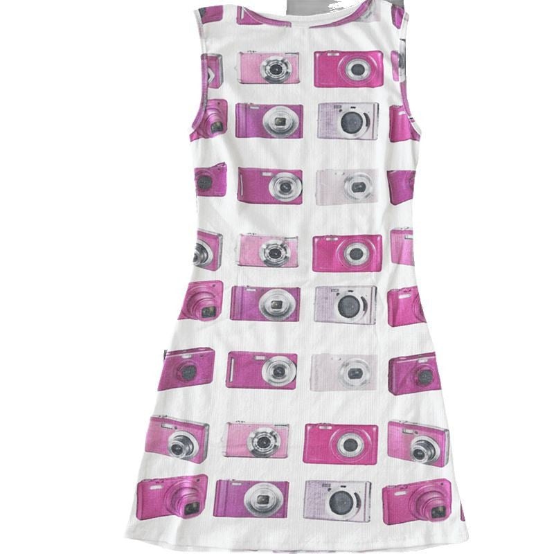 Street-style Retro Y2K Edgy Camera-print Fitted Vest Dress