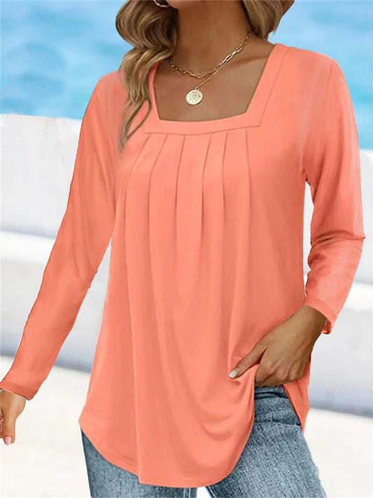 Women's Pleated Square Collar Long Sleeve Imitation Cotton Large Size T-shirt