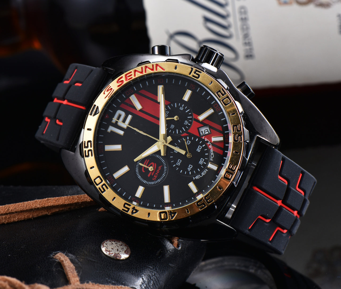 New Men's Quartz Rubber Red Taijia 6-Hand Running Seconds Functional Watch