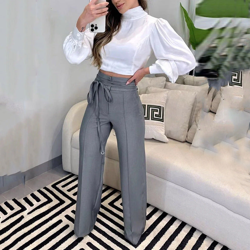 Gray High Waist Lace-up Leisure Commute Suit Pants