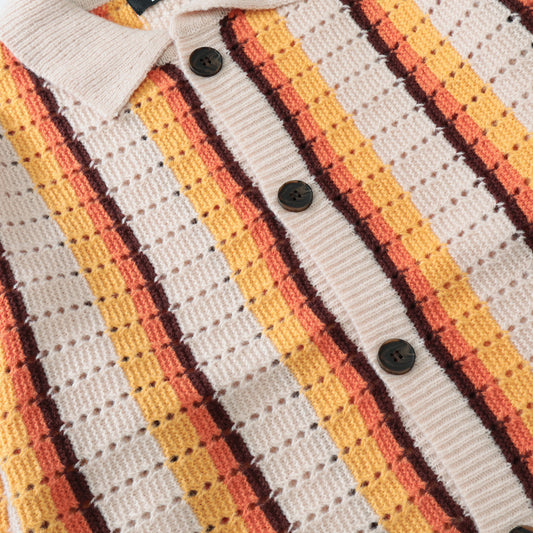 SweaterCrochet StripedThread Lapel Knit Cardigan