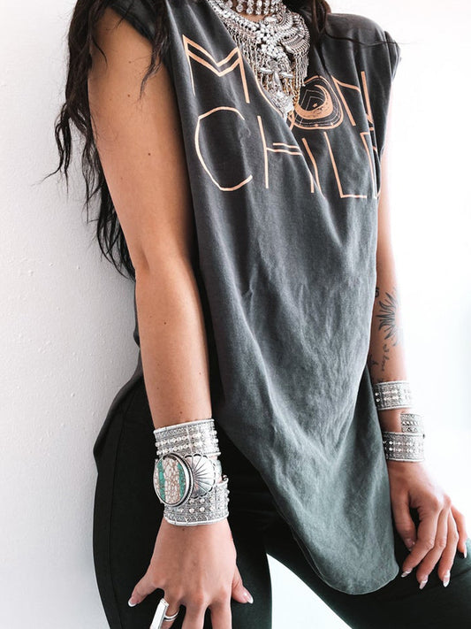 Side Dropped Shoulders Loose Moon Child Letter Print Short Sleeves