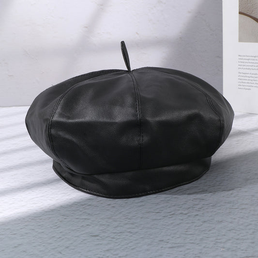 A Solid Color Leather Y2K Style Fashionable Beret For Women, Suitable For Daily Leisure, Commuting, Shopping, Dates And Outings