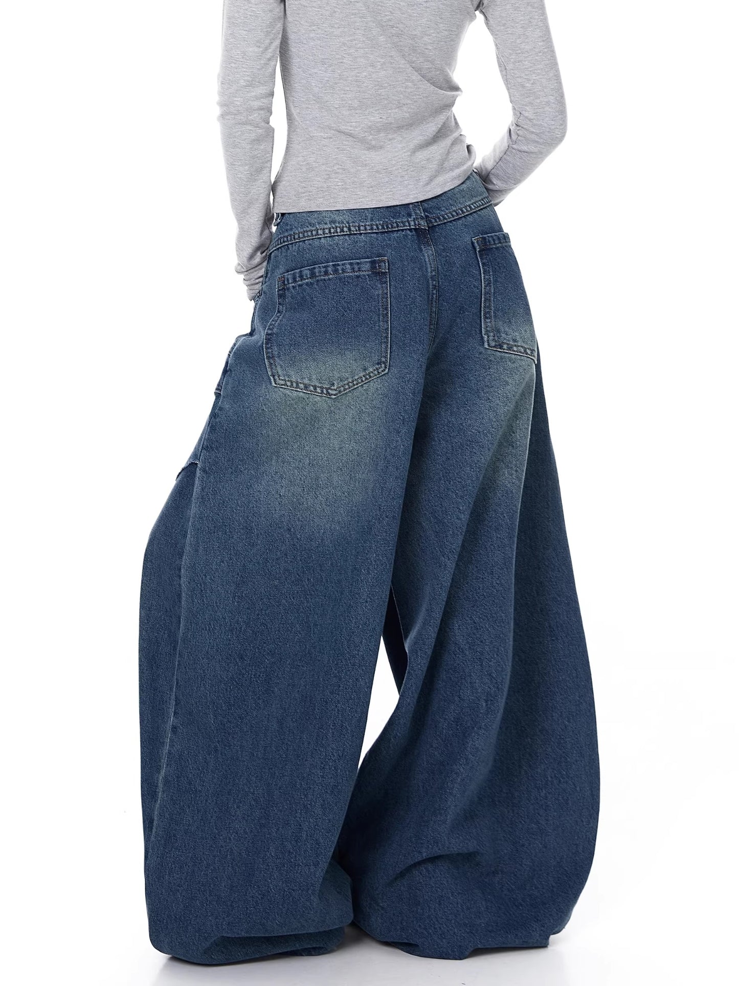 Womens American-style Deconstructed Faux Two-piece Patchwork Washed Bootcut Jeans