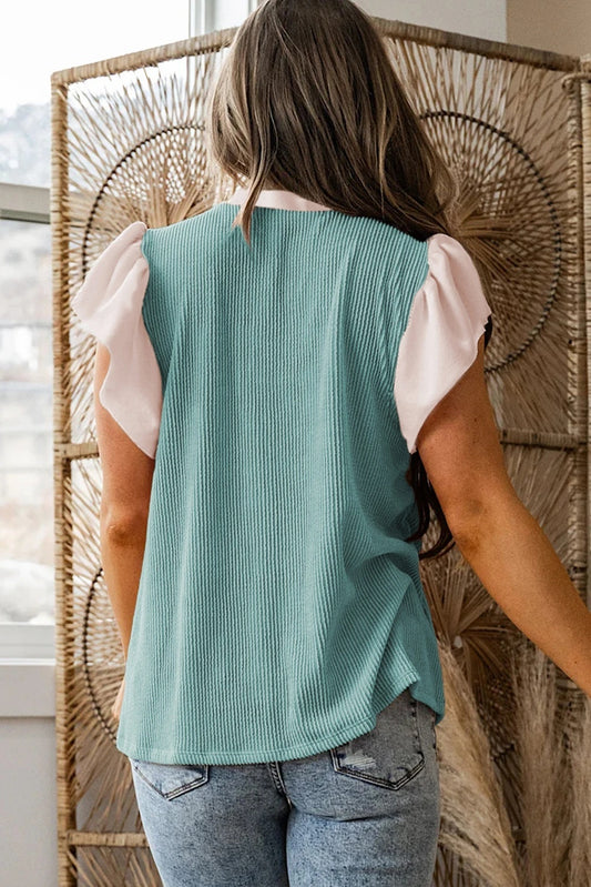 Light Blue Plus-Size Contrast Ruffle-Trimmed Collar Short-Sleeve Ribbed-Texture Shirt
