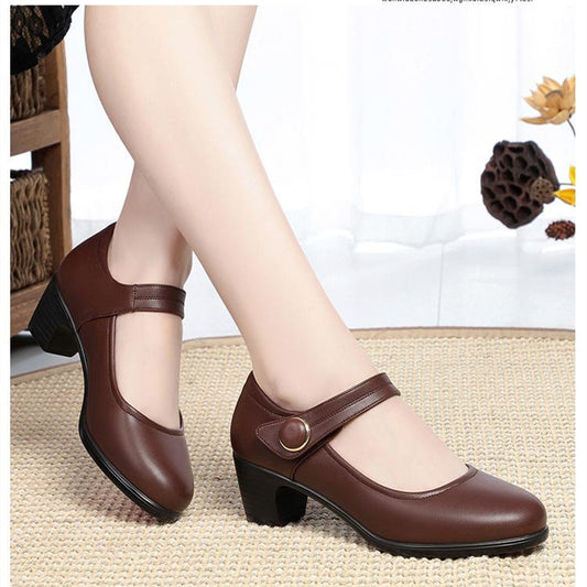 Shallow Mouth Flat Buckle Thick Heel Single Shoes Round Toe