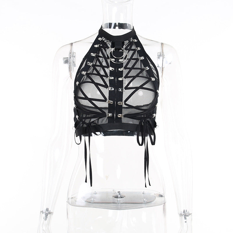 Women's Summer Dark Style New Bandage Mesh See-through Vest