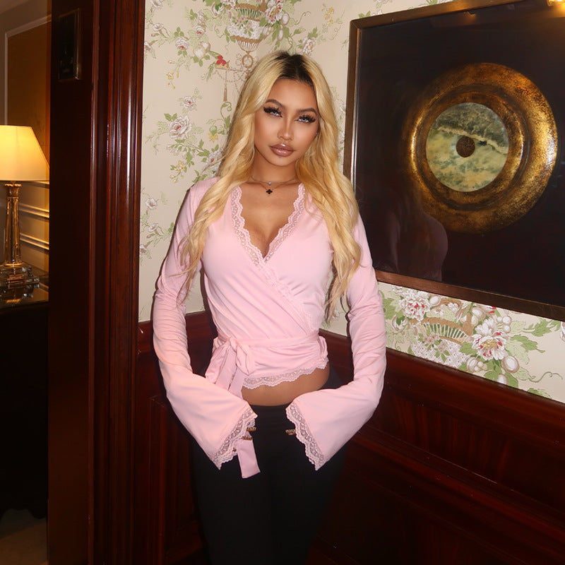 Valentine's Day Women's Solid-Color V-Neck Lace-trimmed Lace-up Long-Sleeve Top