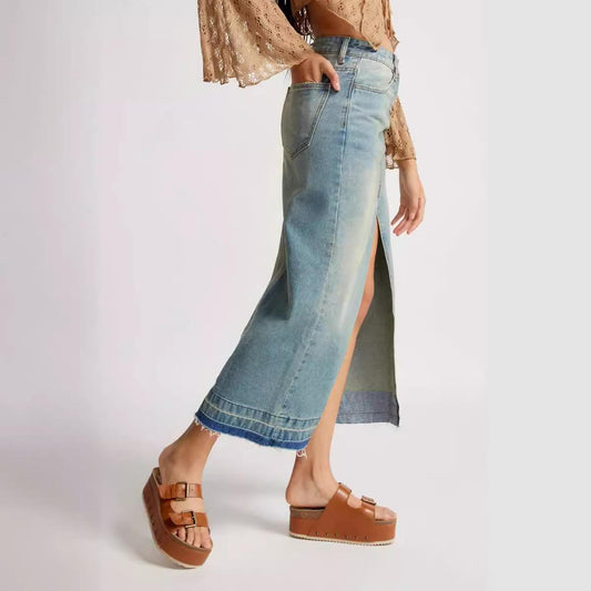 Retro Slim-fit Denim Maxi Nederdel til Kvinder
