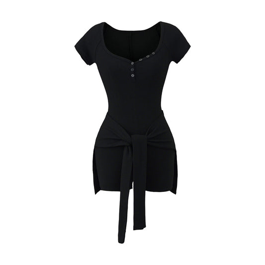European And American Style Design Sense Peach Collar Waist Tied Jumpsuit