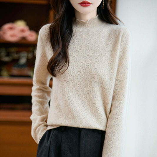 Women's Pure Wool Sweater Half-height Wooden Ear Collar Sweater