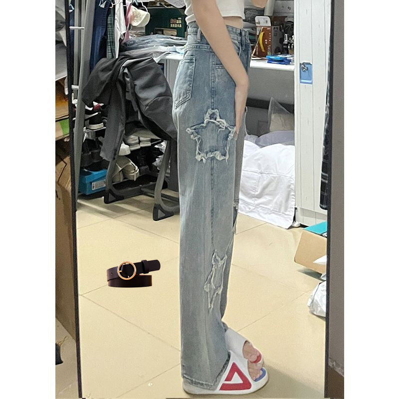 Blå XINGX Broderede Jeans Dame Løse Bukser med Lige Ben og Vide Ben