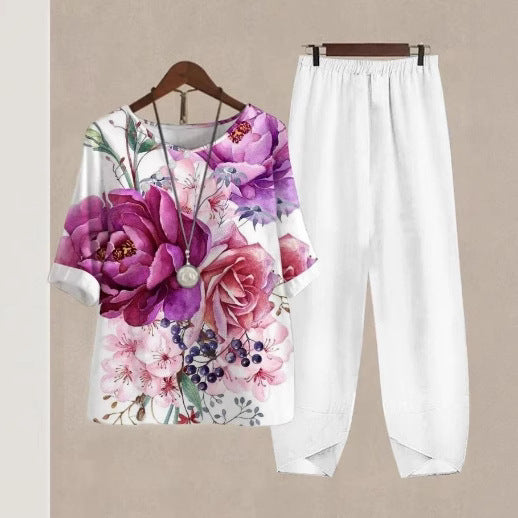 Womens Casual Crew-Neck Cropped-Sleeve Top Set