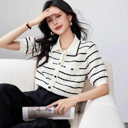 Elegant Polo Collar Striped Women's Contrast Colors Slimming Knitted Short Sleeve