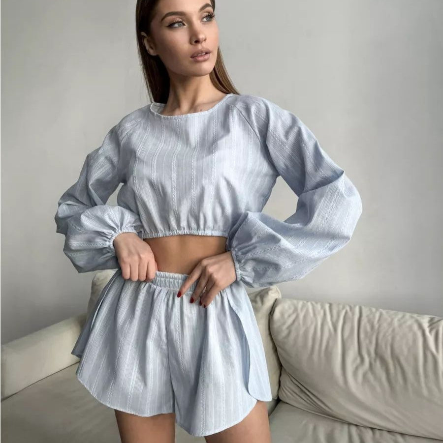 Long-sleeved Top With Slit Shorts Casual Wearable Set For Women