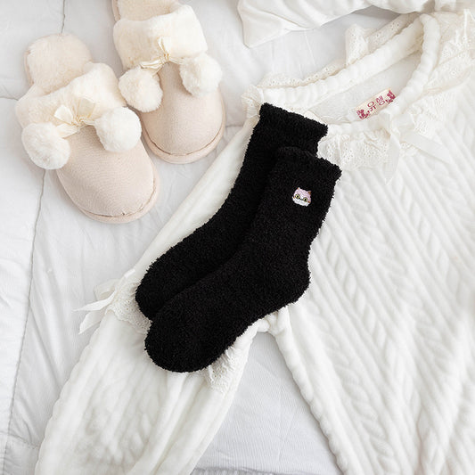 Half Velvet Socks Embroidered Squirrel Middle Tube Thick Warm Towel Socks