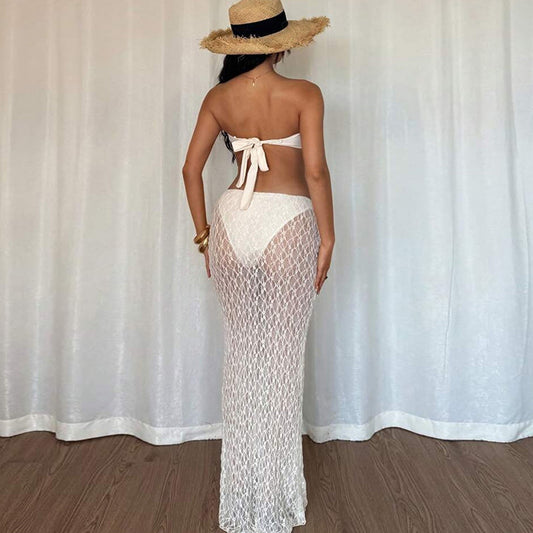 Womens Sexy Halter Top With Straps And Lace Long Skirt Two-Piece Set