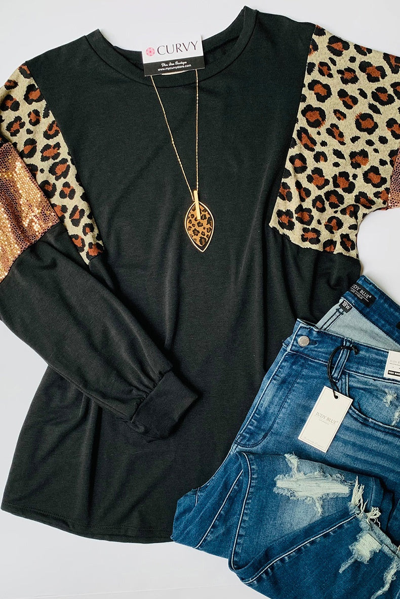 Plus Size Løs Slank Pasform Leopard Blomstret Print Langærmet Pullover