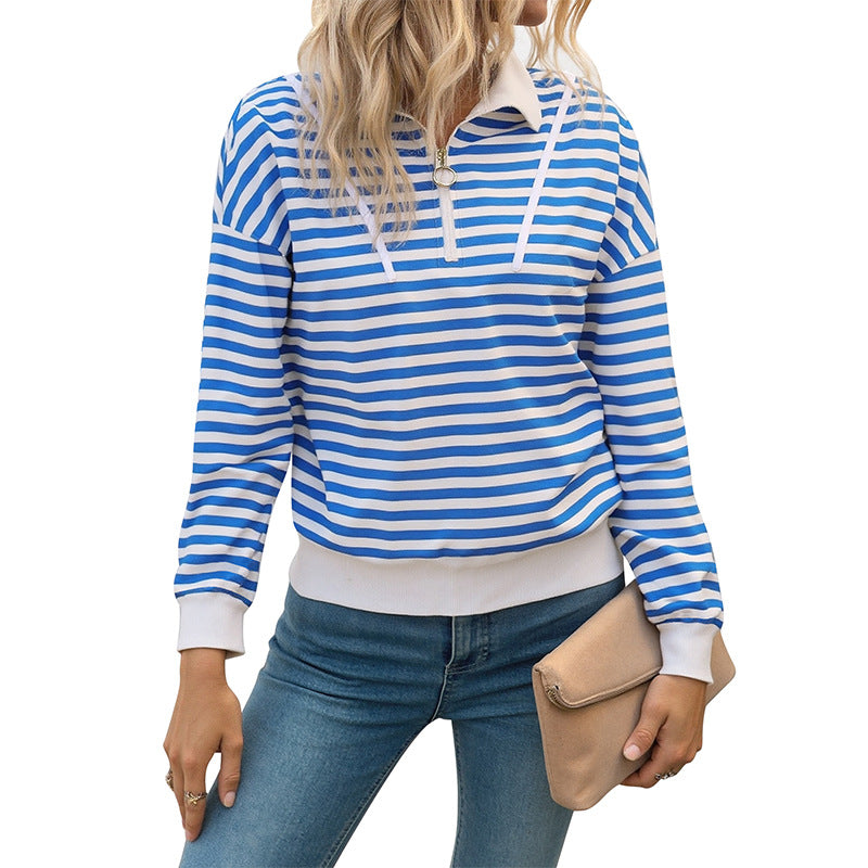 Efterår Stribet Langærmet Løs T-shirt Afslappet Polo Krave Lynlås Pullover Sweater Til Kvinder
