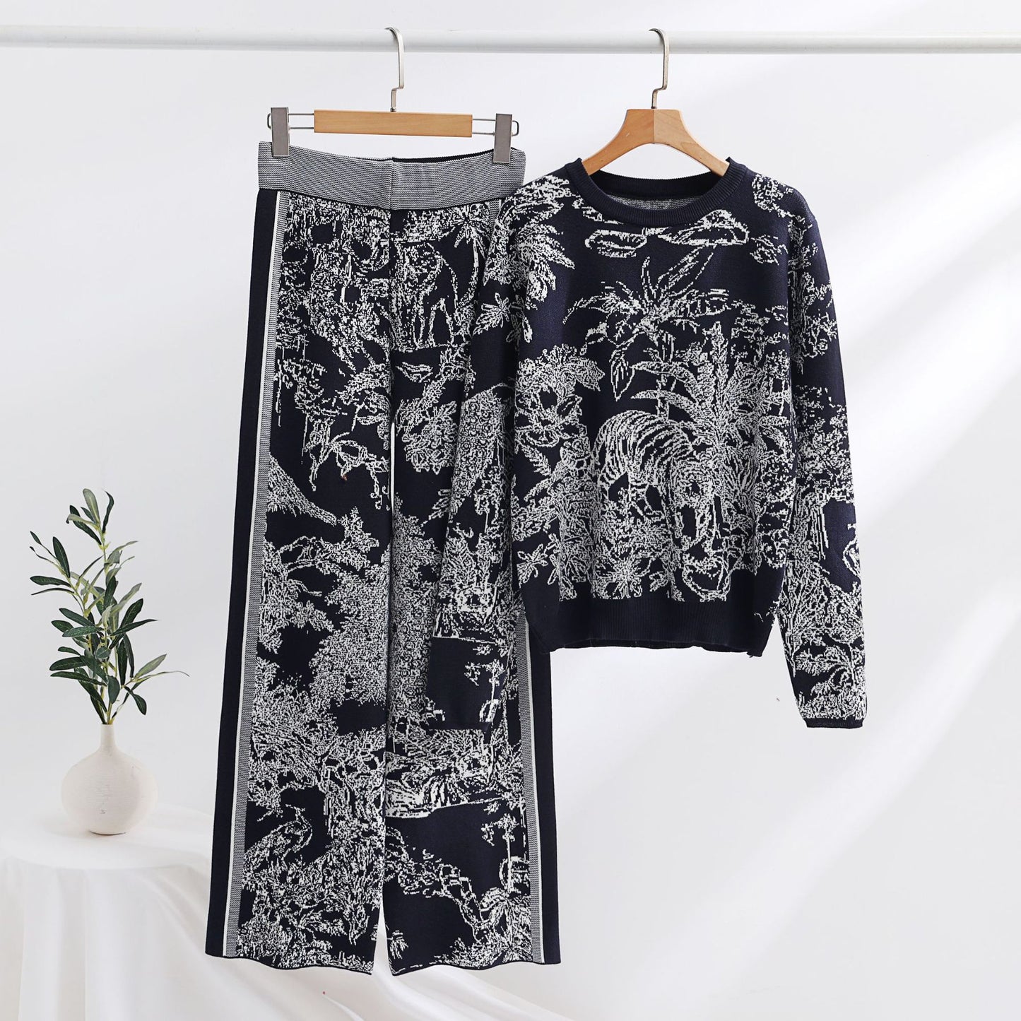 Knitting Patterns Two-piece Set Pullover Long Sleeve Sweater High Waist Wide Leg Top Suit