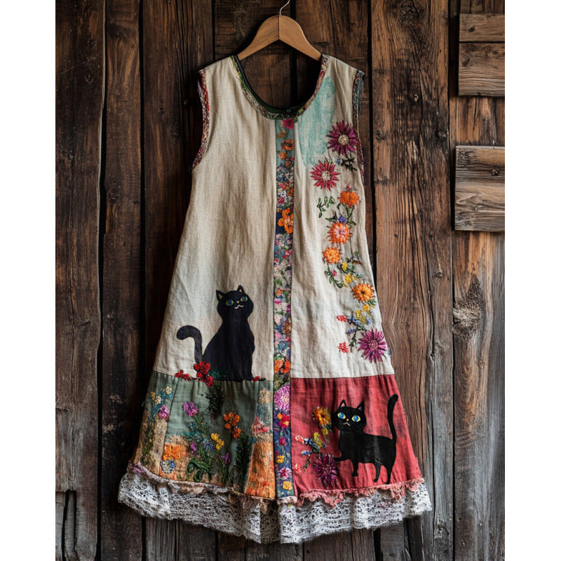 Womens Fashion Sleeveless Crew-Neck 3D Printed Dress