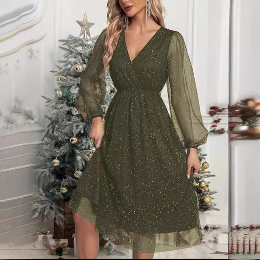 Womens Figure-Hugging Solid-Color Patchwork Mesh Sheer Powder-Dusted Dress