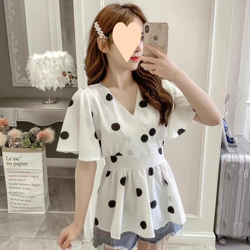 Women's Casual Polka Dot Graceful Collar Lace-up Waist Trimming Shirt