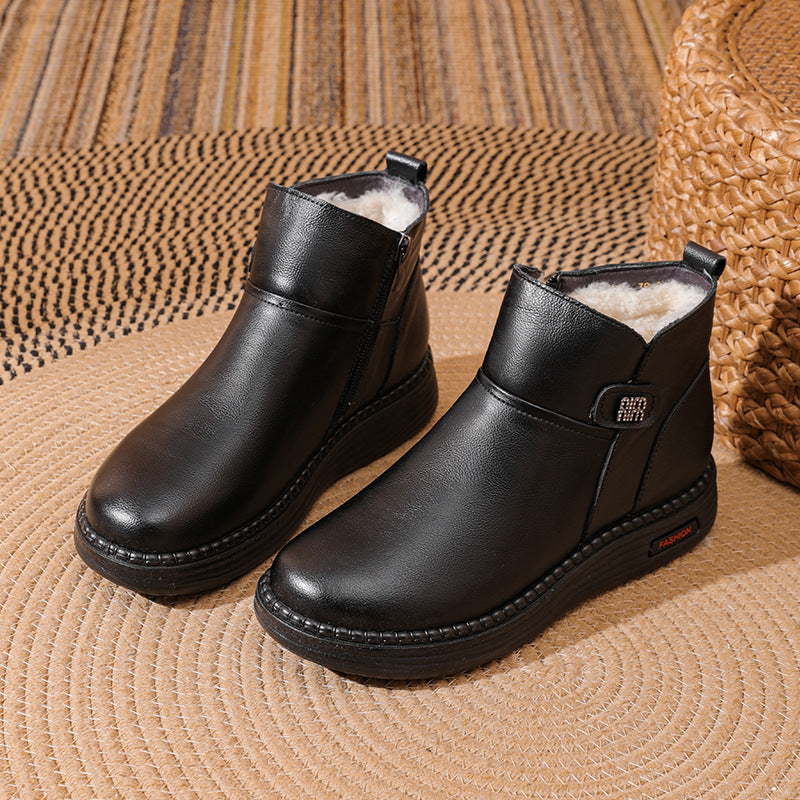 Mother Cowhide Wool Fleece Lined Soft Bottom Non-slip Wear-resistant Ankle Boots