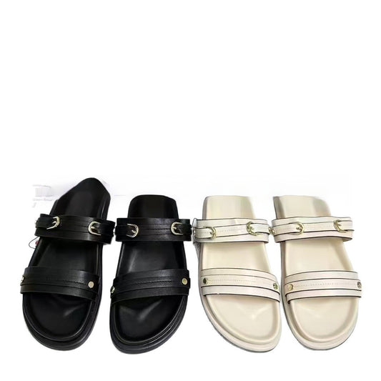 Women's Round-Toe Single-Strap Buckle-Details Fashionable Flat Sandals