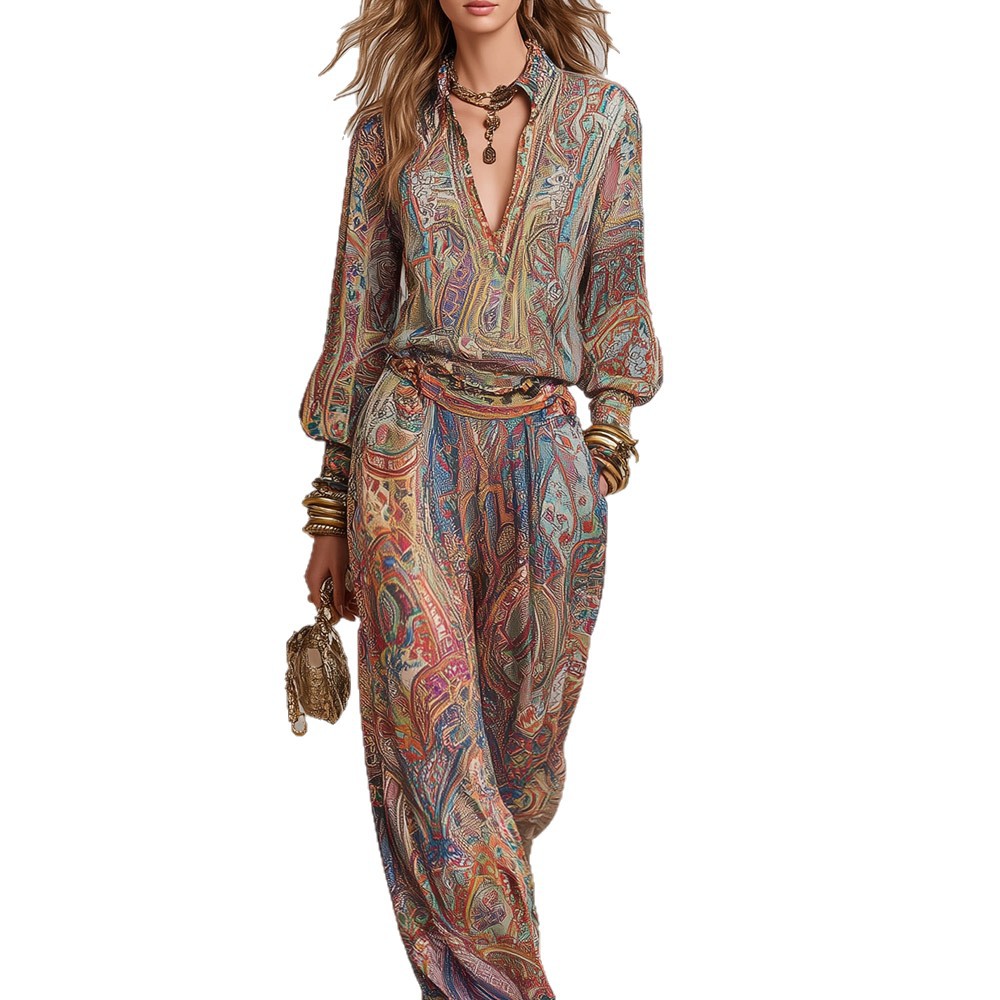 Women's Casual Chic Elegant Deep V-Neck Wide-Leg Pants Set