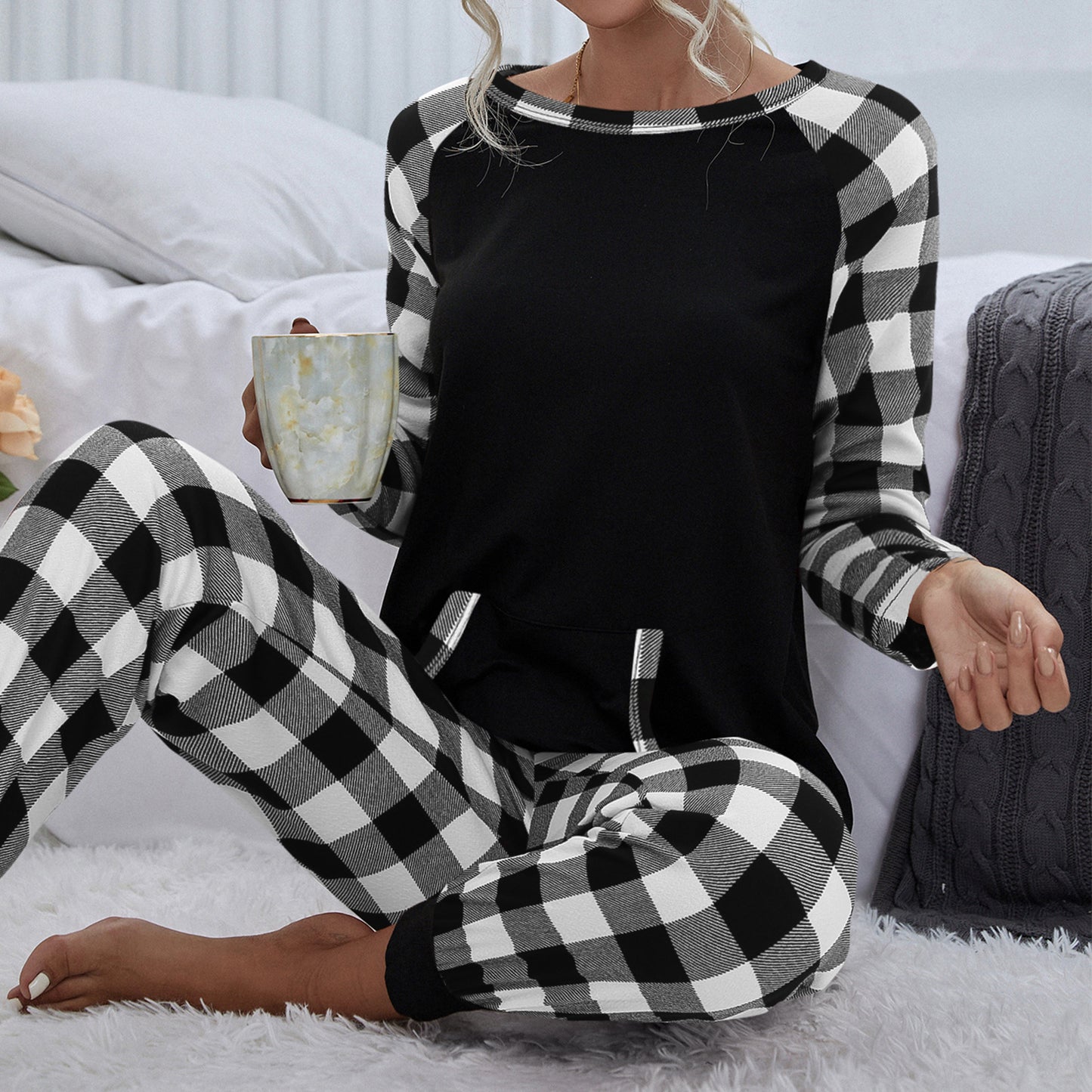 Women's Fashion Plaid Crew Neck Home Leisure Loose Outfit