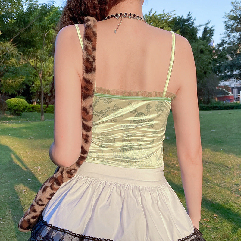 Slim Fit Lace Trim Top Print Off Shoulder Suspender