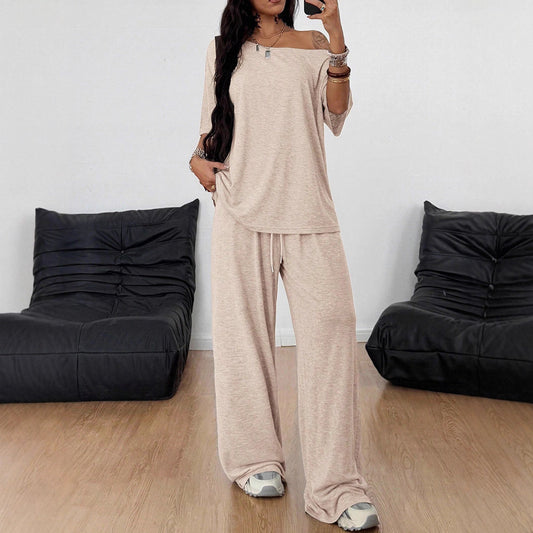 Women's Casual Solid-Color Sports Two-Piece Set With Loose-Fit Trousers