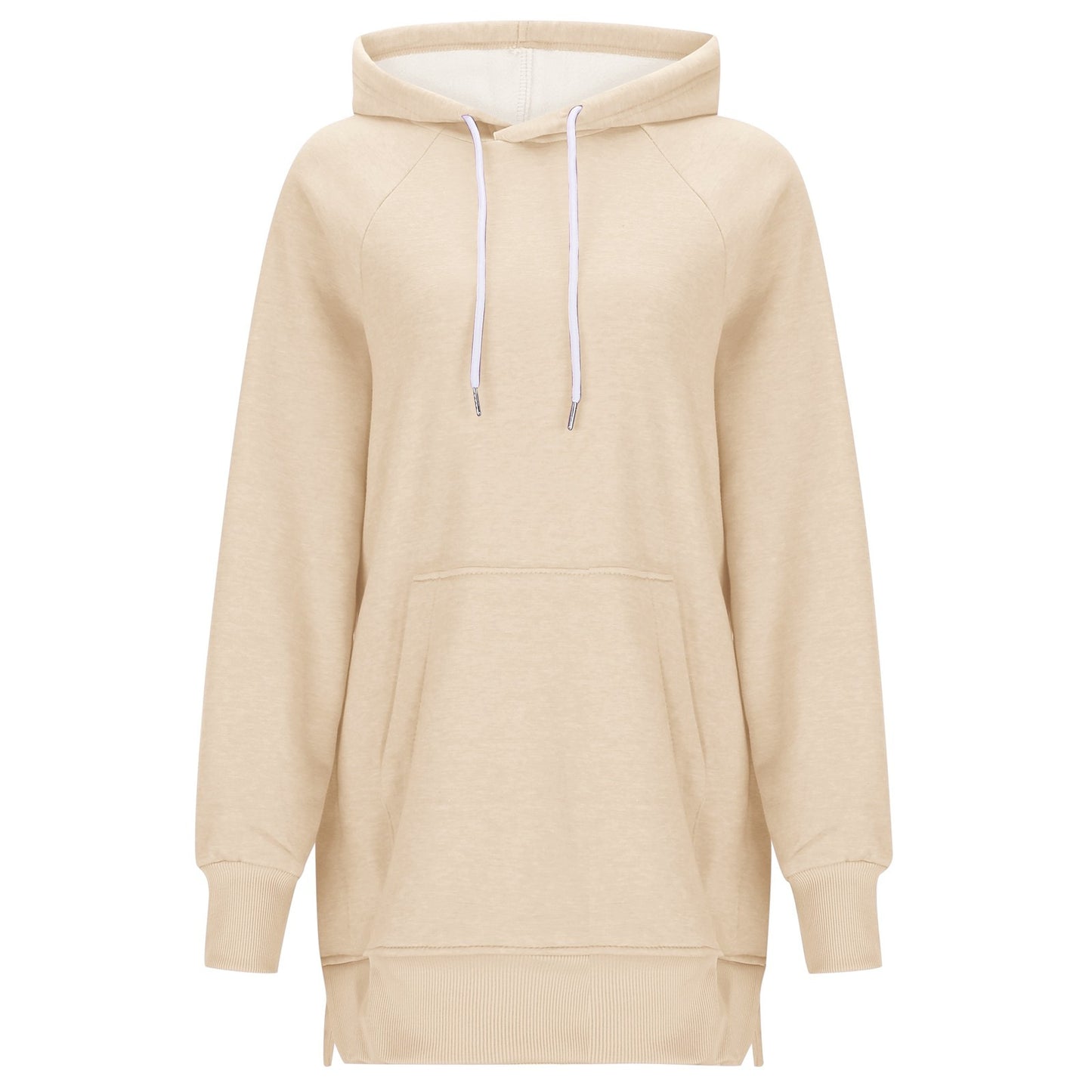 Dame ensfarvet sweater med hætte, slidser ved skuldrene og ærmer