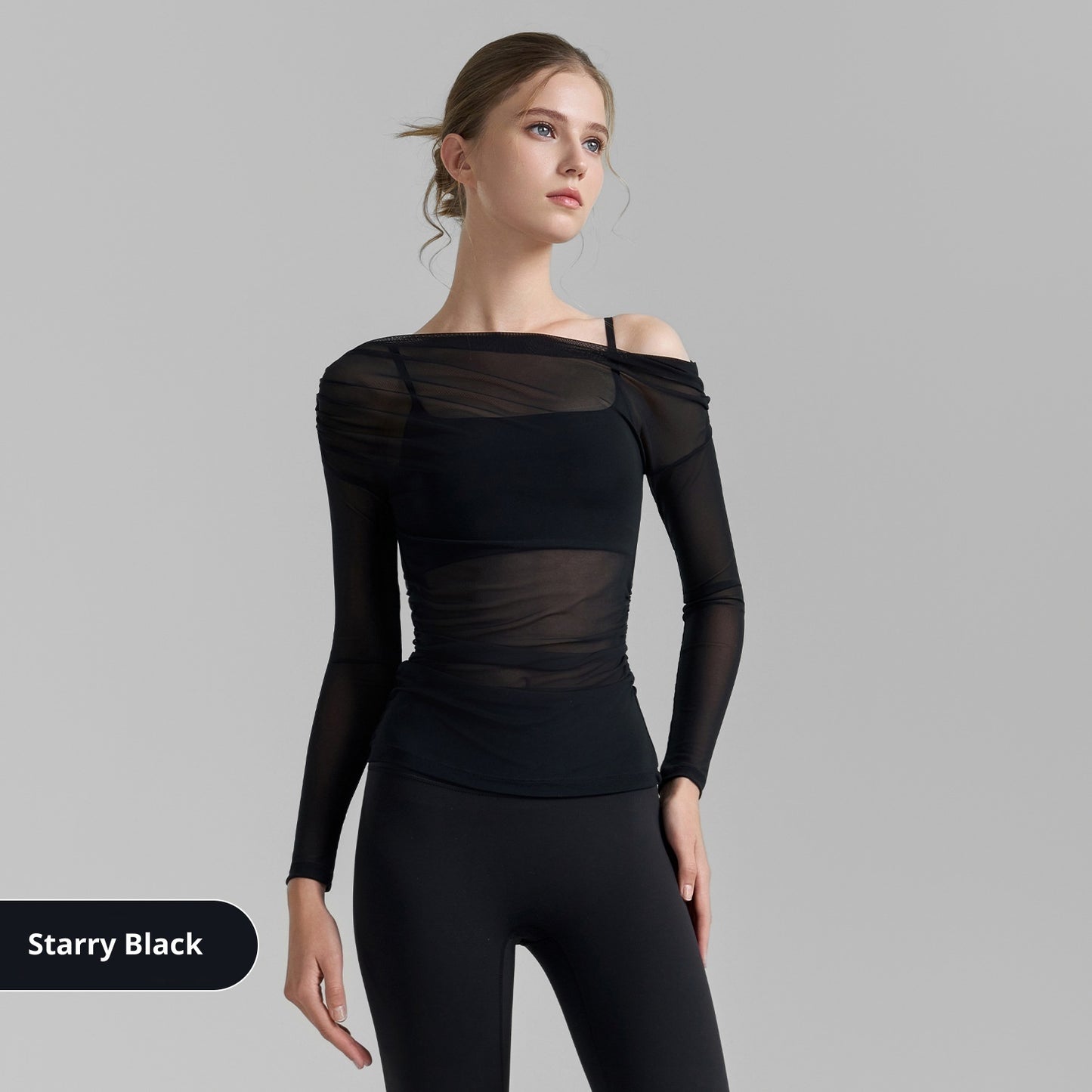 Oblique Shoulder Mesh Yoga Shirt Pleated Sports Top