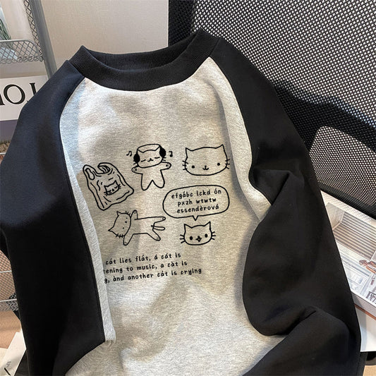 Japansk Sødt Trykt Patchwork Rundhalset Sweatshirt