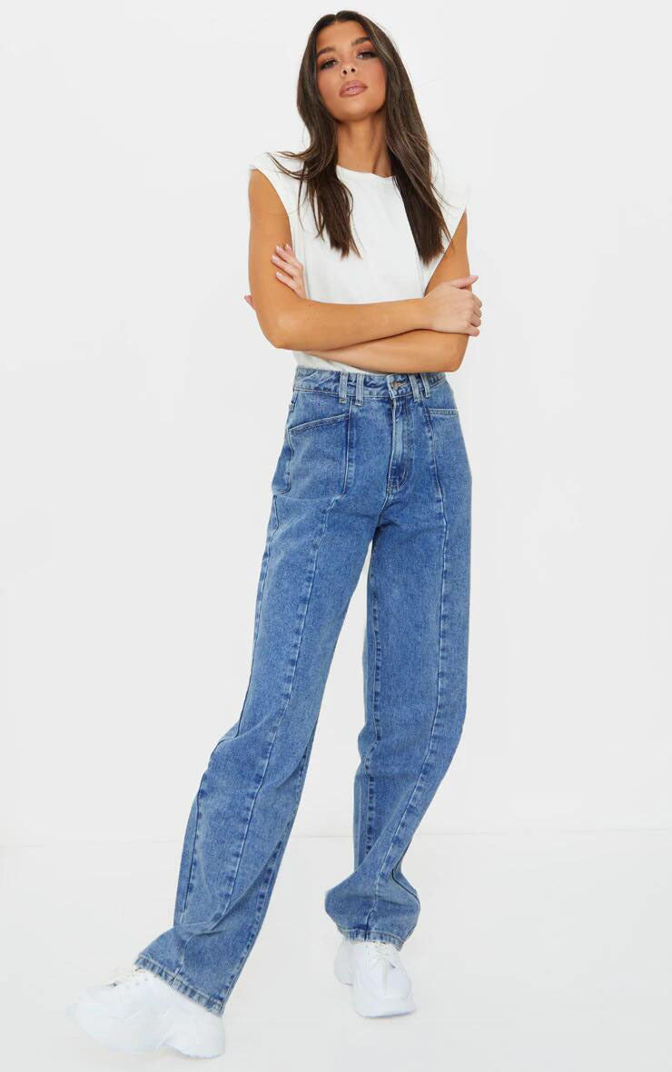 High Waist Light Blue Loose Straight Drape Denim Trousers