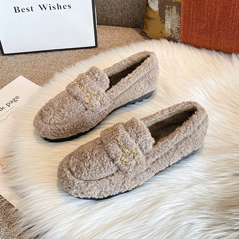 Outer Wear Fleece-lined Lamb Wool Platform Fluffy Shoes Women
