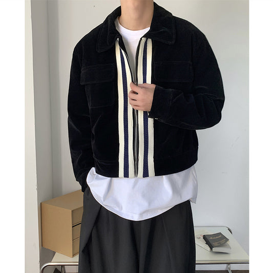 Kort jakke med kontrastfarvet flettesyning, retro casual polo kravefrakke