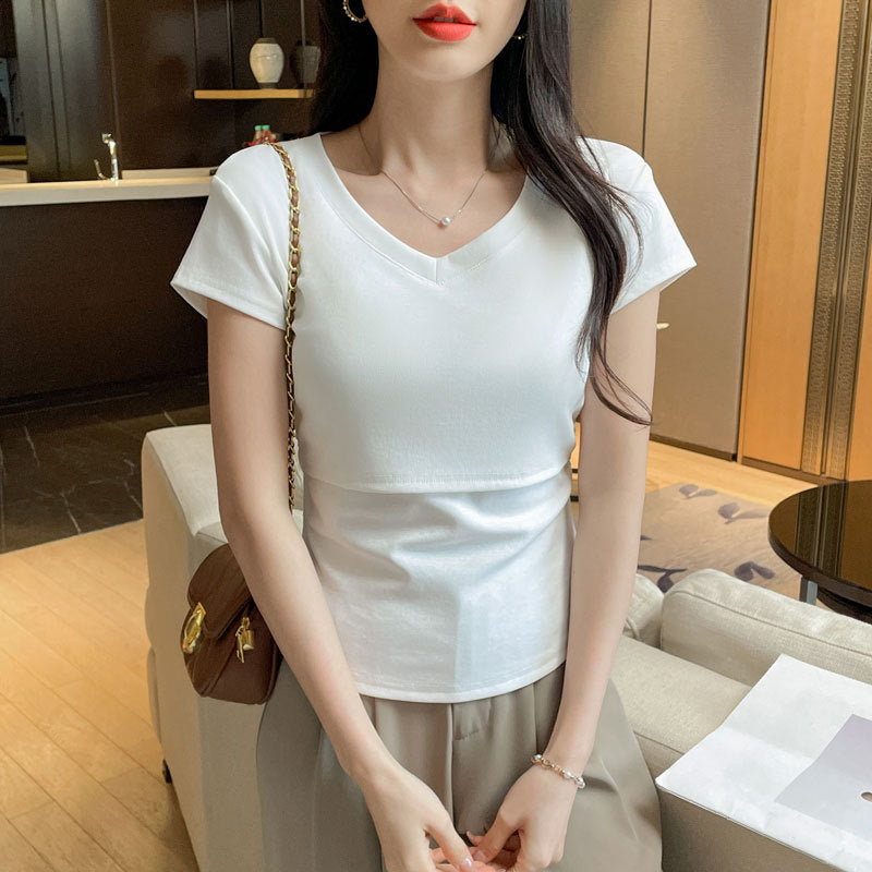 Pure Cotton Nursing T-Shirt V-Neck Breastfeeding Base Layer Top