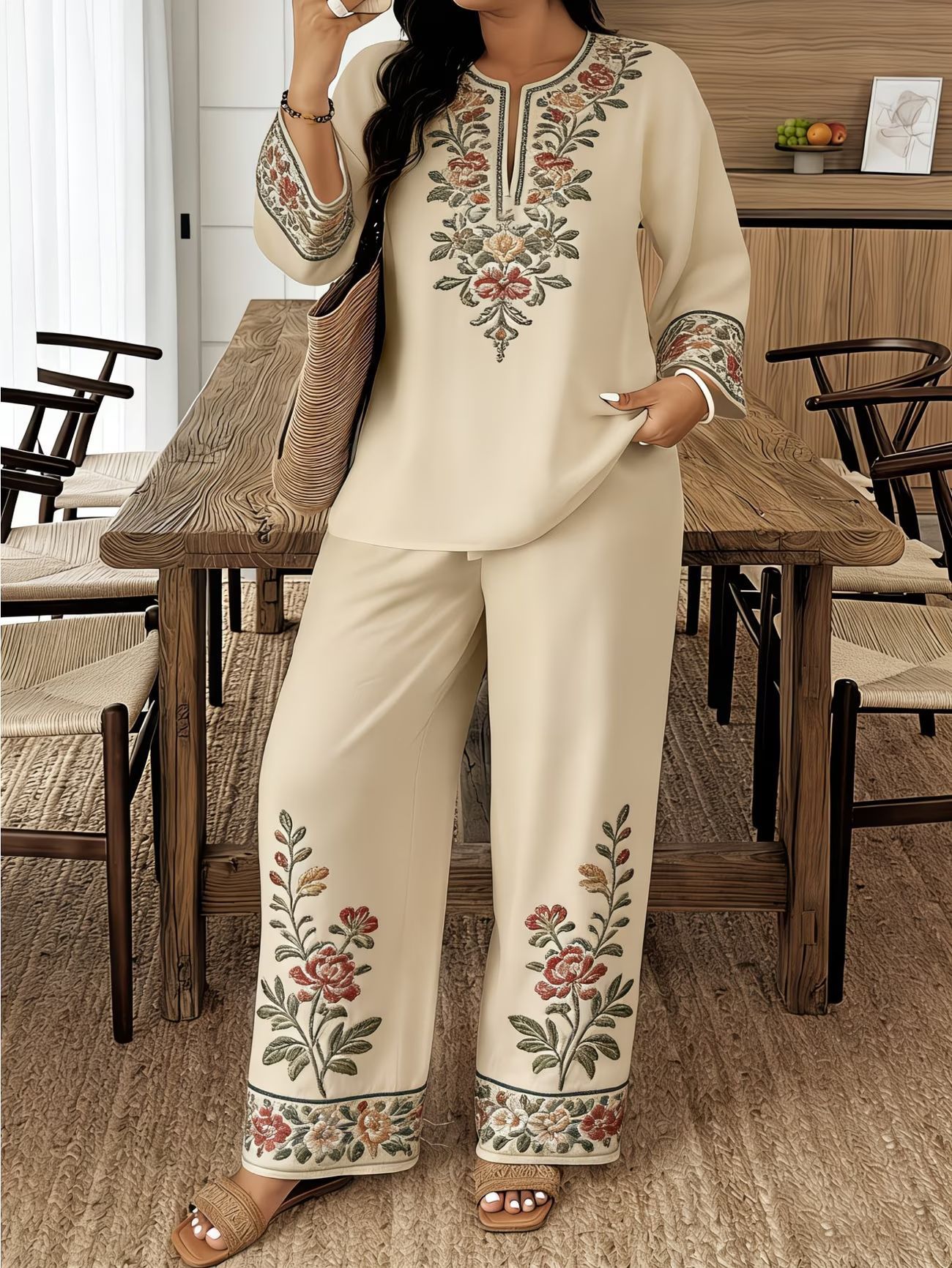 Long-sleeve Lace Floral Long-sleeve Ethnic-style Middle Eastern Set