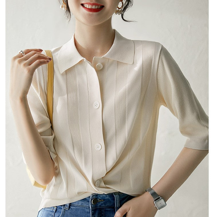 Lapel Mid Sleeve Commuter Knit Cardigan Air Conditioning Shirt
