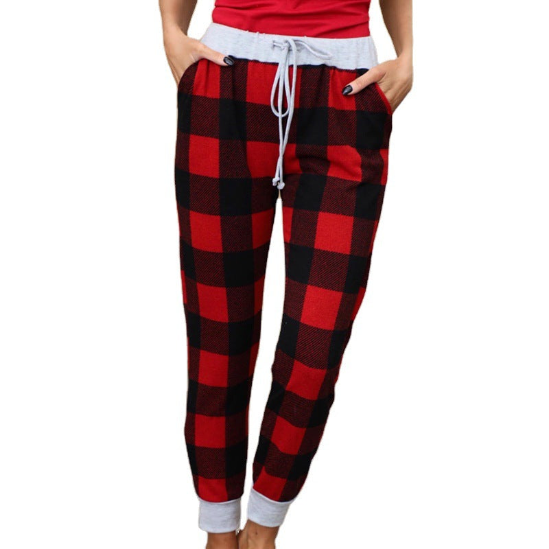 Christmas Print Plaid Lace-Up Slacks