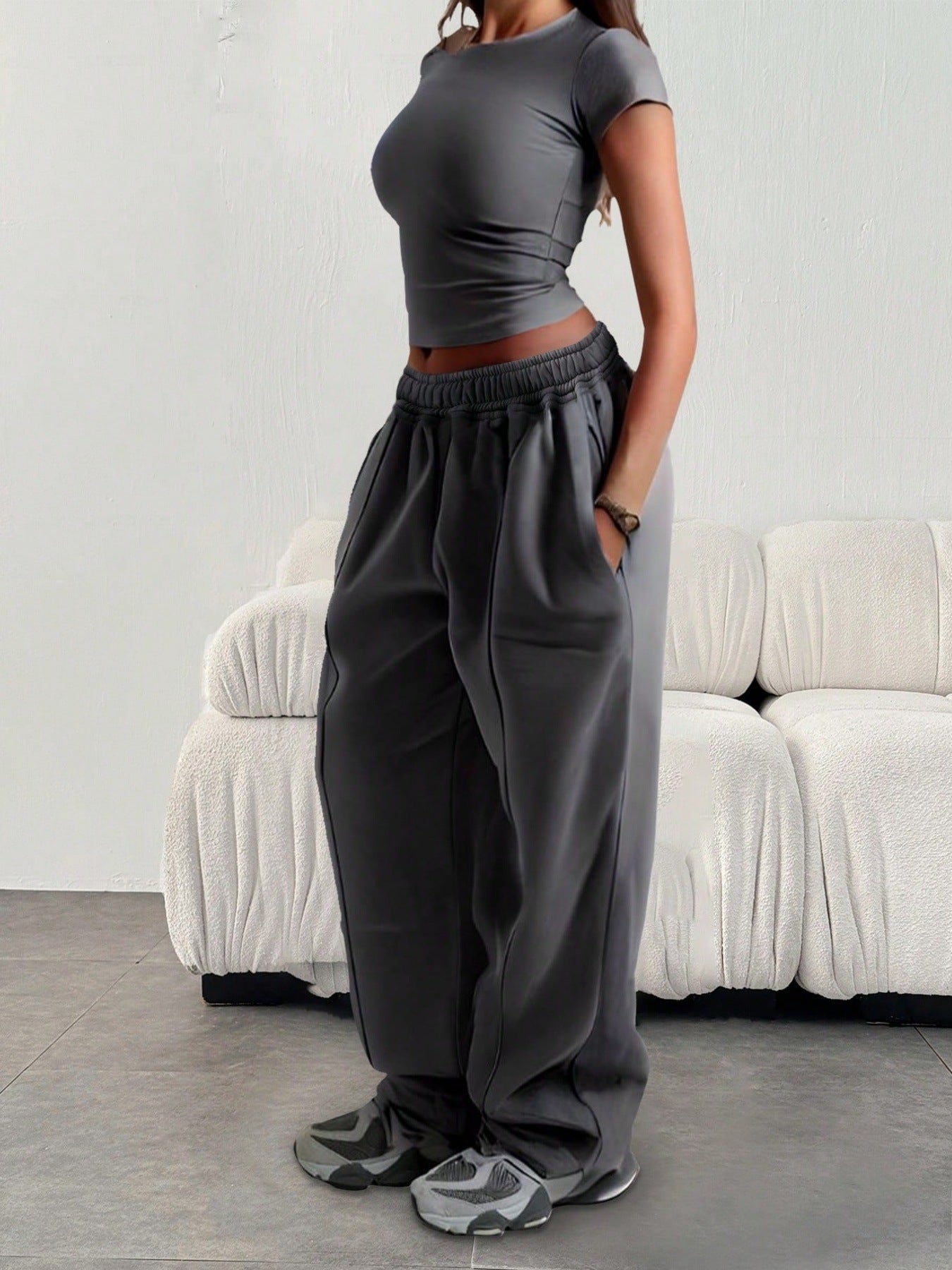 European And American-style Solid-color Waist-cinching Slimming Straight-leg Pants