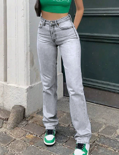 Dame Europa Og Amerika Grænseoverskridende Lyseblå Slim Fit Højtaljede Stretch Jeans