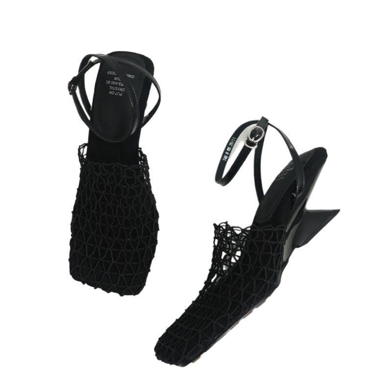 Vintage Weave Hollow-out Square Toe Chunky Heel All-matching Casual High Heels